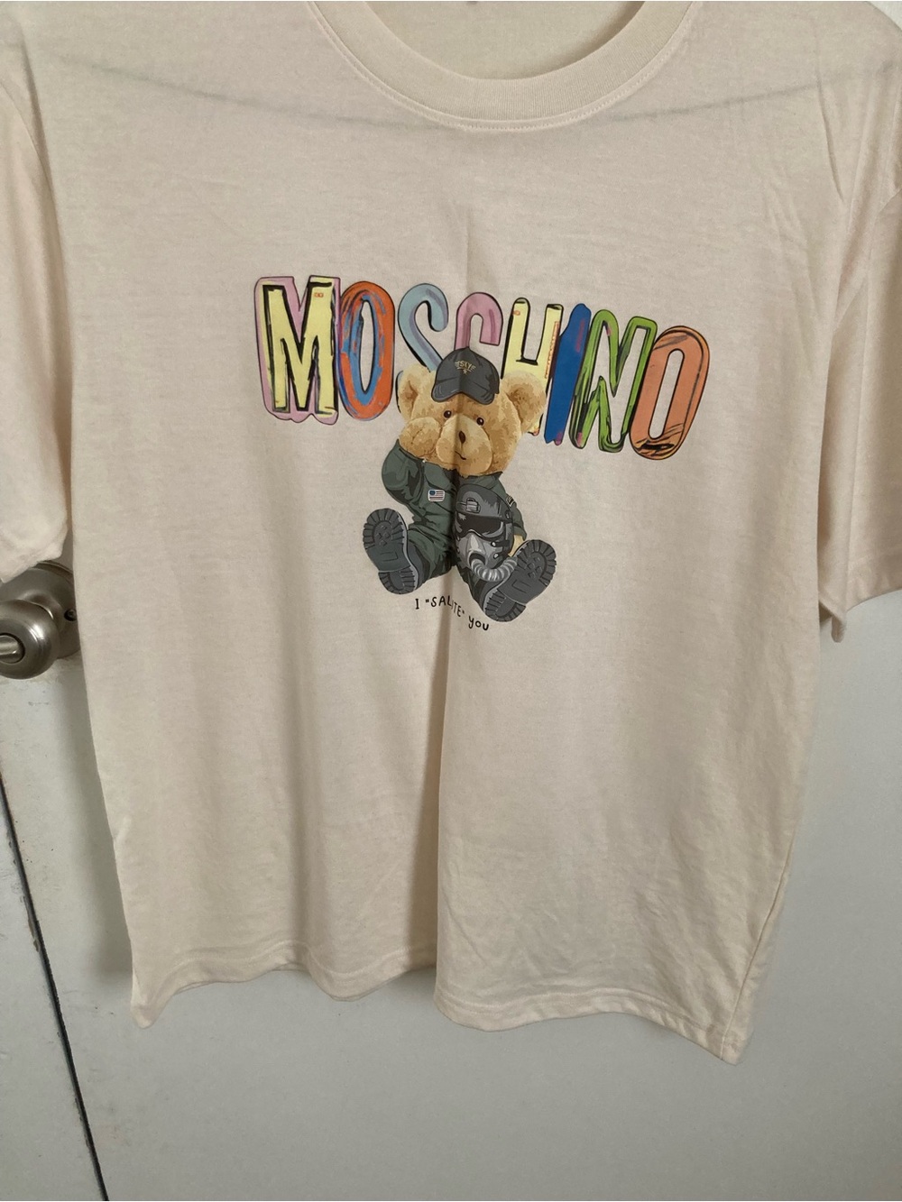 Moschino Cream Tee with Colorful Logo and Teddy Graphic